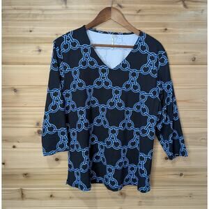 Lulu-B Top Womens XL Black Blue Patterned Blouse Resortwear